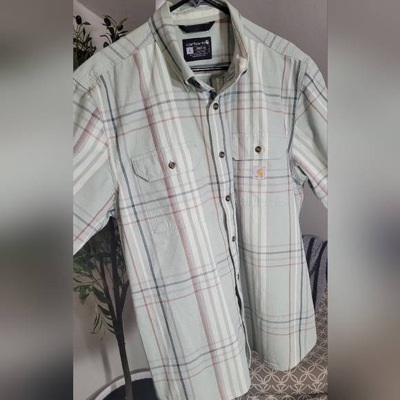 Carhartt Button Down Shirt Mens Large Green Plaid Short Sleeve Loose Fit Pocket - Picture 1 of 4